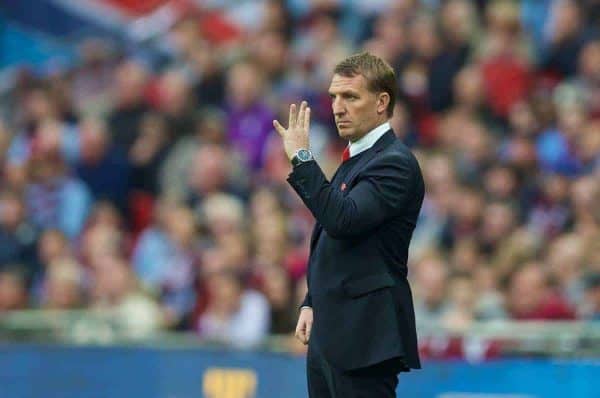 LONDON, ENGLAND - Sunday, April 19, 2015: Liverpool's manager Brendan Rodgers during the FA Cup Semi-Final match against Aston Villa at Wembley Stadium. (Pic by David Rawcliffe/Propaganda)