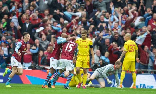 LONDON, ENGLAND - Sunday, April 19, 2015: Liverpool's captain Steven Gerrard looks dejected as Aston Villa score the second goal during the FA Cup Semi-Final match at Wembley Stadium. (Pic by David Rawcliffe/Propaganda)