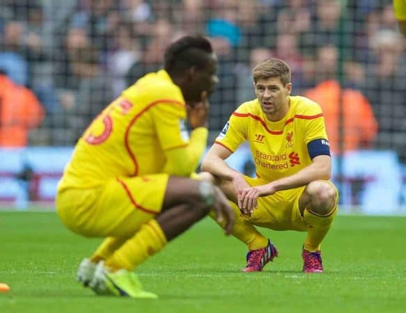 LONDON, ENGLAND - Sunday, April 19, 2015: Liverpool's captain Steven Gerrard looks dejected as his side lose 2-1 to Aston Villa during the FA Cup Semi-Final match at Wembley Stadium. (Pic by David Rawcliffe/Propaganda)