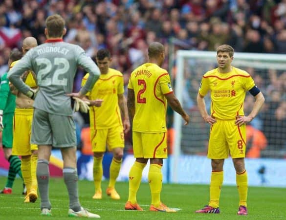 LONDON, ENGLAND - Sunday, April 19, 2015: Liverpool's captain Steven Gerrard looks dejected as his side lose 2-1 to Aston Villa during the FA Cup Semi-Final match at Wembley Stadium. (Pic by David Rawcliffe/Propaganda)