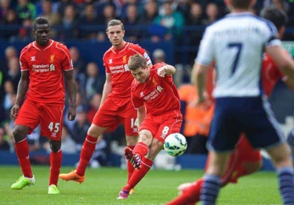 WEST BROMWICH, ENGLAND - Saturday, April 25, 2015: Liverpool's captain Steven Gerrard takes a free-kick against West Bromwich Albion during the Premier League match at the Hawthorns. (Pic by David Rawcliffe/Propaganda)