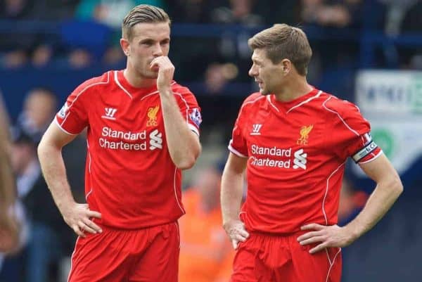 WEST BROMWICH, ENGLAND - Saturday, April 25, 2015: Liverpool's vice-captain Jordan Henderson and captain Steven Gerrard in action against West Bromwich Albion during the Premier League match at the Hawthorns. (Pic by David Rawcliffe/Propaganda)