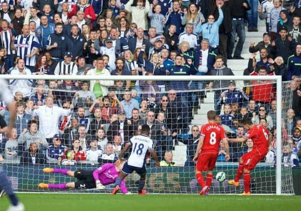 WEST BROMWICH, ENGLAND - Saturday, April 25, 2015: Liverpool's Dejan Lovren clears the ball off the line against West Bromwich Albion during the Premier League match at the Hawthorns. (Pic by David Rawcliffe/Propaganda)