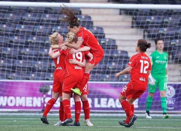 WIDNES, ENGLAND - Sunday, April 26, 2015: Liverpool Ladies' Line Smorsgard celebrates scoring the second goal against Manchester City during the FA Women's Super League match at the Halton Stadium. (Pic by David Rawcliffe/Propaganda)