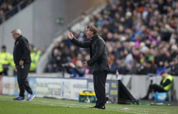 KINGSTON-UPON-HULL, ENGLAND - Tuesday, April 28, 2015: Liverpool's manager Brendan Rodgers shouts orders from the touchline against Hull City during the Premier League match at the KC Stadium. (Pic by Gareth Jones/Propaganda)