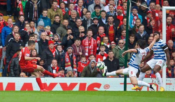 LIVERPOOL, ENGLAND - Saturday, May 2, 2015: Liverpool's Philippe Coutinho Correia scores the first goal against Queens Park Rangers during the Premier League match at Anfield. (Pic by David Rawcliffe/Propaganda)