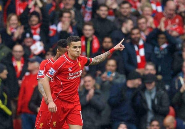 LIVERPOOL, ENGLAND - Saturday, May 2, 2015: Liverpool's Philippe Coutinho Correia celebrates scoring the first goal against Queens Park Rangers during the Premier League match at Anfield. (Pic by David Rawcliffe/Propaganda)