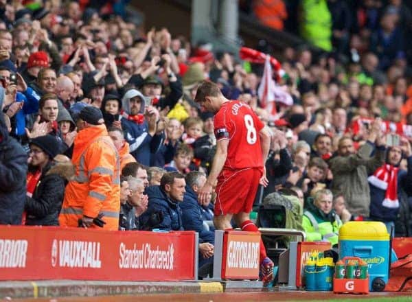 LIVERPOOL, ENGLAND - Saturday, May 2, 2015: Liverpool's captain Steven Gerrard match-winner captain Steven Gerrard walks off after being substituted against Queens Park Rangers during the Premier League match at Anfield. (Pic by David Rawcliffe/Propaganda)