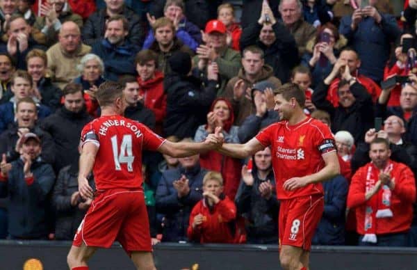 LIVERPOOL, ENGLAND - Saturday, May 2, 2015: Liverpool's captain Steven Gerrard celebrates scoring the second goal against Queens Park with team-mate Jordan Henderson Rangers during the Premier League match at Anfield. (Pic by David Rawcliffe/Propaganda)