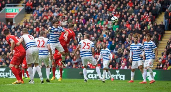 LIVERPOOL, ENGLAND - Saturday, May 2, 2015: Liverpool's captain Steven Gerrard scores the second goal against Queens Park Rangers during the Premier League match at Anfield. (Pic by David Rawcliffe/Propaganda)