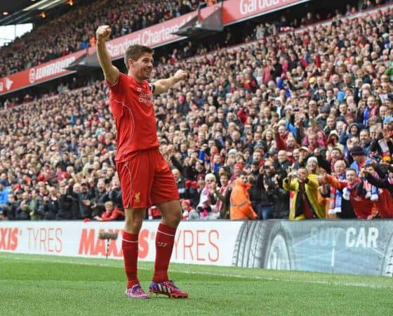 LIVERPOOL, ENGLAND - Saturday, May 2, 2015: Liverpool's captain Steven Gerrard celebrates scoring the winning second goal against Queens Park Rangers during the Premier League match at Anfield. (Pic by David Rawcliffe/Propaganda)