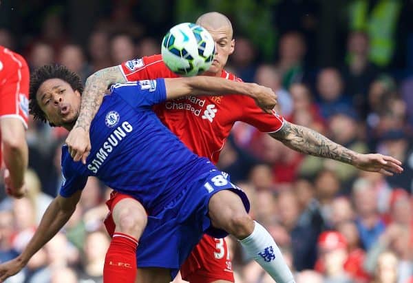 LONDON, ENGLAND - Sunday, May 10, 2015: Liverpool's Martin Skrtel in action against Chelsea's Loic Remy during the Premier League match at Stamford Bridge. (Pic by David Rawcliffe/Propaganda)