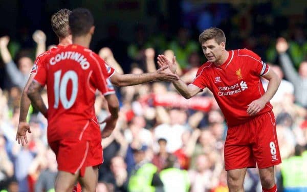 LONDON, ENGLAND - Sunday, May 10, 2015: Liverpool's captain Steven Gerrard celebrates scoring the first equalising goal against Chelsea during the Premier League match at Stamford Bridge. (Pic by David Rawcliffe/Propaganda)