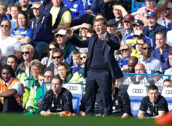 LONDON, ENGLAND - Sunday, May 10, 2015: Liverpool's manager Brendan Rodgers during the Premier League match against Chelsea at Stamford Bridge. (Pic by David Rawcliffe/Propaganda)