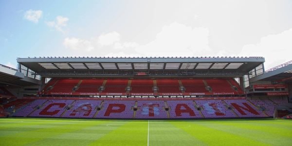 LIVERPOOL, ENGLAND - Saturday, May 16, 2015: A 'Captain' mosaic on the Centenary Stand seats as Liverpool supporters prepare to mark captain Steven Gerrard's last Anfield game before the Premier League match against Crystal Palace at Anfield. (Pic by David Rawcliffe/Propaganda)