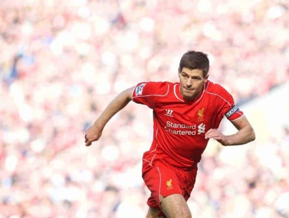 LIVERPOOL, ENGLAND - Saturday, May 16, 2015: Liverpool's captain Steven Gerrard in action against Crystal Palace during the Premier League match at Anfield. (Pic by David Rawcliffe/Propaganda)