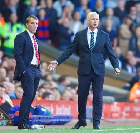 LIVERPOOL, ENGLAND - Saturday, May 16, 2015: Liverpool's manager Brendan Rodgers and Crystal Palace's manager Alan Pardew during the Premier League match at Anfield. (Pic by David Rawcliffe/Propaganda)