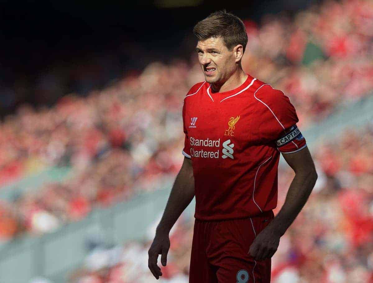 LIVERPOOL, ENGLAND - Saturday, May 16, 2015: Liverpool's captain Steven Gerrard in action against Crystal Palace during the Premier League match at Anfield. (Pic by David Rawcliffe/Propaganda)