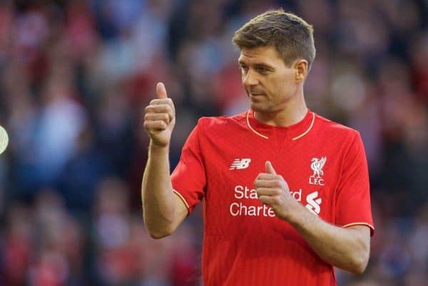 LIVERPOOL, ENGLAND - Saturday, May 16, 2015: Liverpool's captain Steven Gerrard waves goodbye to the supporters after his final game for the Reds at Anfield during the Premier League match against Crystal Palace. (Pic by David Rawcliffe/Propaganda)