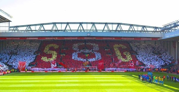 LIVERPOOL, ENGLAND - Saturday, May 16, 2015: Liverpool supporters on the Spion Kop form a mosaic S8G in tribute for captain Steven Gerrard on his last game at Anfield during the Premier League match against Crystal Palace. (Pic by Lexie Lin/Propaganda)