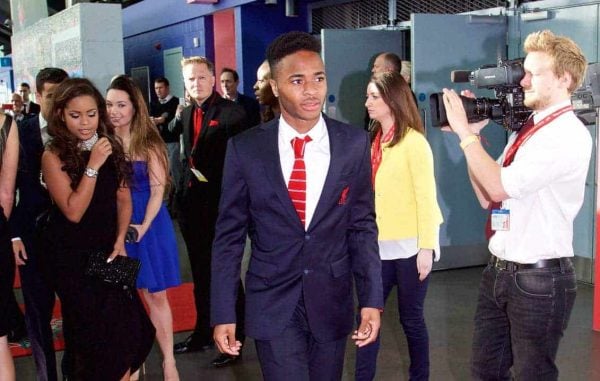 LIVERPOOL, ENGLAND - Tuesday, May 19, 2015: Liverpool's Raheem Sterling and girlfriend Ann Rose Halliday arrive on the red carpet for the Liverpool FC Players' Awards Dinner 2015 at the Liverpool Arena. (Pic by David Rawcliffe/Propaganda)