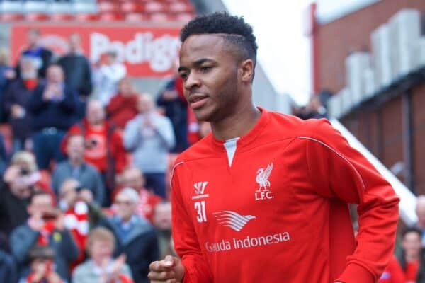 STOKE-ON-TRENT, ENGLAND - Sunday, May 24, 2015: Liverpool's Raheem Sterling runs out to face Stoke City during the Premier League match at the Britannia Stadium. (Pic by David Rawcliffe/Propaganda)