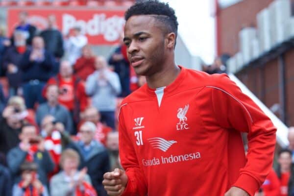 STOKE-ON-TRENT, ENGLAND - Sunday, May 24, 2015: Liverpool's Raheem Sterling runs out to face Stoke City during the Premier League match at the Britannia Stadium. (Pic by David Rawcliffe/Propaganda)