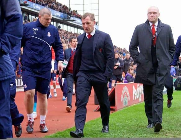 STOKE-ON-TRENT, ENGLAND - Sunday, May 24, 2015: Liverpool's captain Steven Gerrard cannot look at the supporters as he walks off at half-time 5-0 down to lowly Stoke City during the Premier League match at the Britannia Stadium. (Pic by David Rawcliffe/Propaganda)