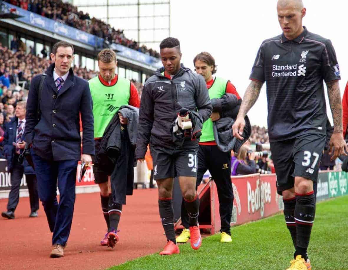 STOKE-ON-TRENT, ENGLAND - Sunday, May 24, 2015: Liverpool's substitute Raheem Sterling cannot look at the supporters as he walks off at half-time 5-0 down to lowly Stoke City during the Premier League match at the Britannia Stadium. (Pic by David Rawcliffe/Propaganda)
