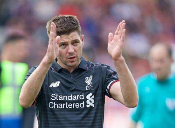 STOKE-ON-TRENT, ENGLAND - Sunday, May 24, 2015: Liverpool's captain Steven Gerrard blows a kiss to the supporters as he walks off after his final game for the club, a 6-1 defeat to Stoke City, during the Premier League match at the Britannia Stadium. (Pic by David Rawcliffe/Propaganda)