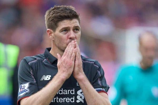 STOKE-ON-TRENT, ENGLAND - Sunday, May 24, 2015: Liverpool's captain Steven Gerrard blows a kiss to the supporters as he walks off after his final game for the club, a 6-1 defeat to Stoke City, during the Premier League match at the Britannia Stadium. (Pic by David Rawcliffe/Propaganda)