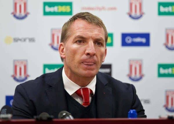 STOKE-ON-TRENT, ENGLAND - Sunday, May 24, 2015: Liverpool's manager Brendan Rodgers in a post-match press conference after his side's 6-1 defeat to Stoke City during the Premier League match at the Britannia Stadium. (Pic by David Rawcliffe/Propaganda)