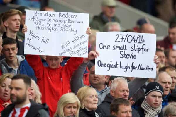  Stoke City supporters with banners 'Brendan Rodgers confidence to manage Barcelona skills to manage Accrington Stanley' and 'One small slip for Stevie, one giant laugh for mankind' during the Premier League match at the Britannia Stadium. (Pic by David Rawcliffe/Propaganda)