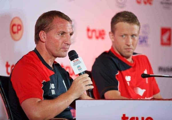 BANGKOK, THAILAND - Monday, July 13, 2015: Liverpool's manager Brendan Rodgers and Lucas Leiva during a press conference at the Plaza Athenee team hotel in Bangkok on day one of the club's preseason tour. (Pic by David Rawcliffe/Propaganda)