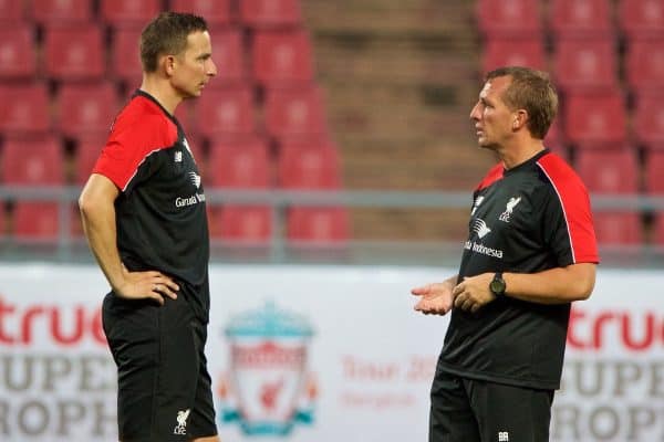 BANGKOK, THAILAND - Monday, July 13, 2015: Liverpool's manager Brendan Rodgers and first-team development coach Pepijn Lijnders during a training session at the Rajamangala National Stadium in Bangkok on day one of the club's preseason tour. (Pic by David Rawcliffe/Propaganda)