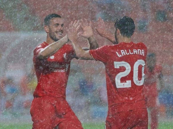 BANGKOK, THAILAND - Tuesday, July 14, 2015: Liverpool's Adam Lallana celebrates scoring the third goal against True Thai Premier League All Stars during the True Super Trophy match at the Rajamangala National Stadium on day two of the club's preseason tour. (Pic by David Rawcliffe/Propaganda)