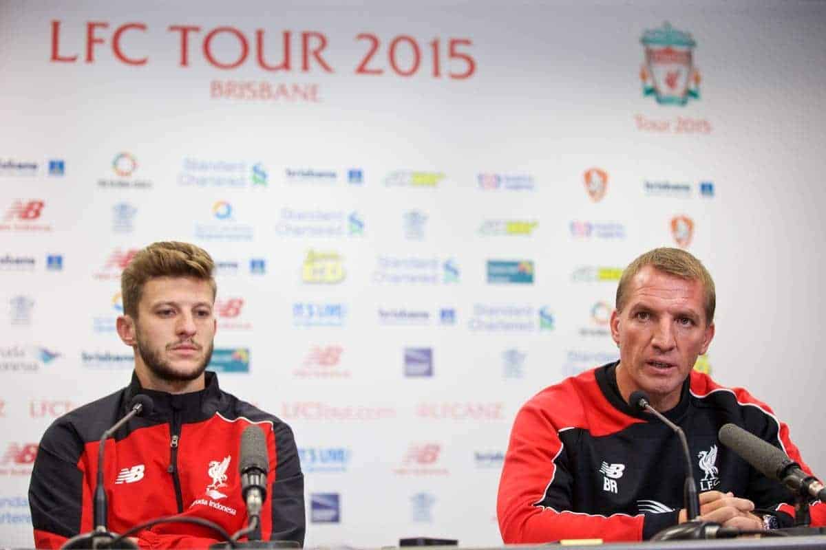 BRISBANE, AUSTRALIA - Thursday, July 16, 2015: Liverpool's manager Brendan Rodgers ands Adam Lallana at a press conference at the Suncorp Stadium in Brisbane on day four of the club's preseason tour. (Pic by David Rawcliffe/Propaganda)