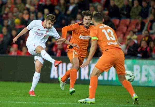 BRISBANE, AUSTRALIA - Friday, July 17, 2015: Liverpool's Adam Lallana in action against Brisbane Roar during a preseason friendly match at the Suncorp Stadium on day five of the club's preseason tour. (Pic by David Rawcliffe/Propaganda)