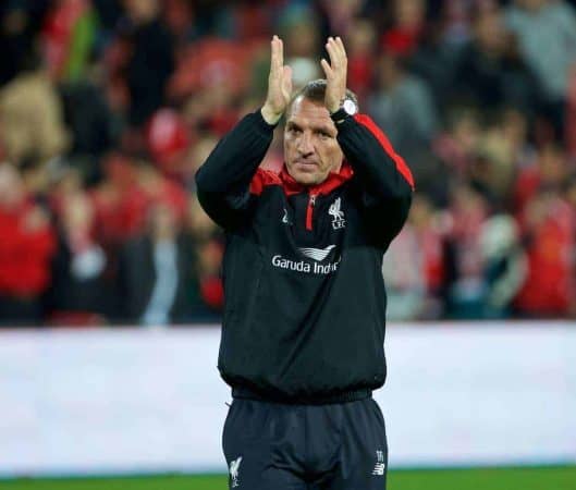 BRISBANE, AUSTRALIA - Friday, July 17, 2015: Liverpool's manager Brendan Rodgers applauds the supporters after the 2-1 preseason friendly victory over Brisbane Roar at the Suncorp Stadium on day five of the club's preseason tour. (Pic by David Rawcliffe/Propaganda)