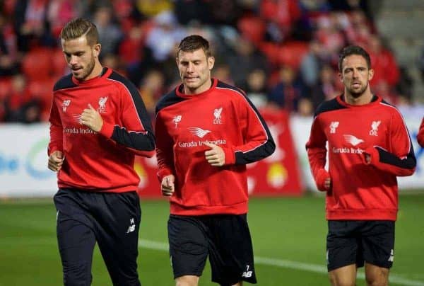 ADELAIDE, AUSTRALIA - Sunday, July 19, 2015: Liverpool's captain Jordan Henderson, James Milner and Danny Ings during a training session at Coopers Stadium ahead of a preseason friendly match against Adelaide United on day seven of the club's preseason tour. (Pic by David Rawcliffe/Propaganda)