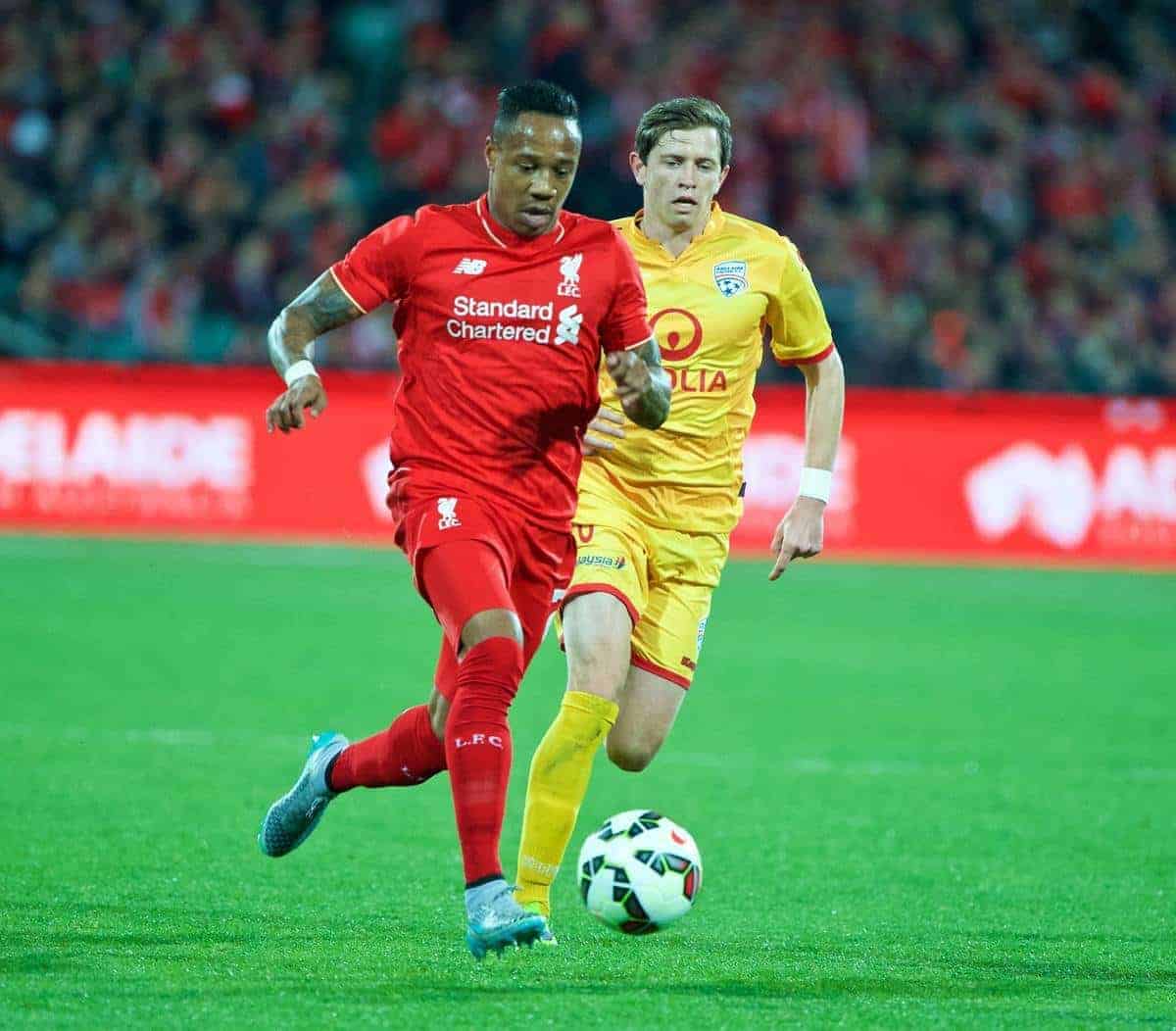 ADELAIDE, AUSTRALIA - Monday, July 20, 2015: Liverpool's Nathaniel Clyne in action against Adelaide United during a preseason friendly match at the Adelaide Oval on day eight of the club's preseason tour. (Pic by David Rawcliffe/Propaganda)