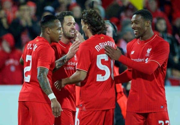 ADELAIDE, AUSTRALIA - Monday, July 20, 2015: Liverpool's Danny Ings celebrates scoring the first goal against Adelaide United with team-mates during a preseason friendly match at the Adelaide Oval on day eight of the club's preseason tour. (Pic by David Rawcliffe/Propaganda)