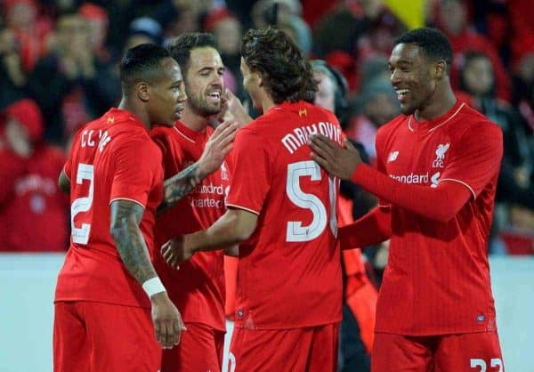 ADELAIDE, AUSTRALIA - Monday, July 20, 2015: Liverpool's Danny Ings celebrates scoring the first goal against Adelaide United with team-mates during a preseason friendly match at the Adelaide Oval on day eight of the club's preseason tour. (Pic by David Rawcliffe/Propaganda)