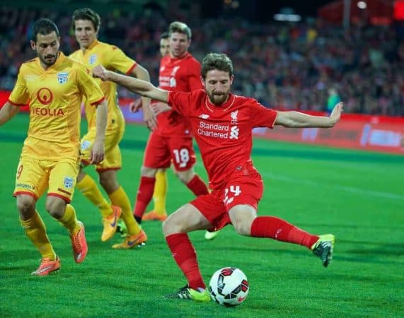 ADELAIDE, AUSTRALIA - Monday, July 20, 2015: Liverpool's Joe Allen in action against Adelaide United during a preseason friendly match at the Adelaide Oval on day eight of the club's preseason tour. (Pic by David Rawcliffe/Propaganda)