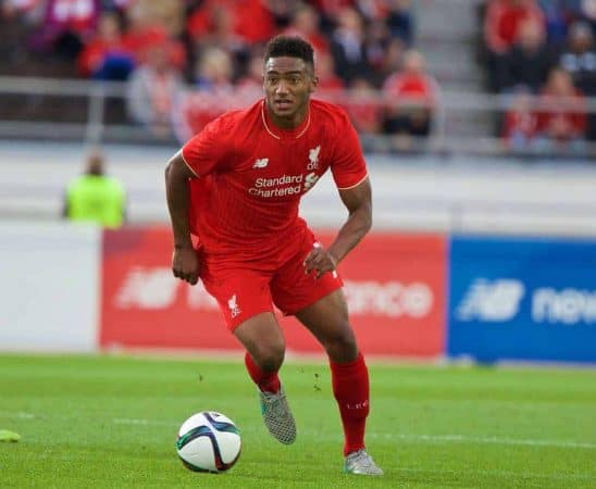 HELSINKI, FINLAND - Friday, July 31, 2015: Liverpool's Joe Gomez in action against HJK Helsinki during a friendly match at the Olympic Stadium. (Pic by David Rawcliffe/Propaganda)