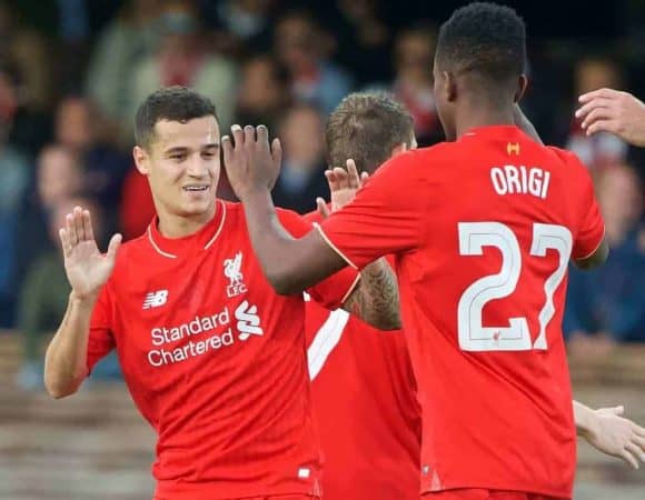 HELSINKI, FINLAND - Friday, July 31, 2015: Liverpool's Philippe Coutinho Correia celebrates scoring the second goal against HJK Helsinki during a friendly match at the Olympic Stadium. (Pic by David Rawcliffe/Propaganda)