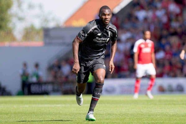 SWINDON, ENGLAND - Sunday, August 2, 2015: Liverpool's Christian Benteke in action against Swindon Town during a friendly match at the County Ground. (Pic by Mark Hawkins/Propaganda)