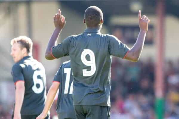 SWINDON, ENGLAND - Sunday, August 2, 2015: Liverpool's Christian Benteke celebrates scoring his side's first goal against Swindon Town during a friendly match at the County Ground. (Pic by Mark Hawkins/Propaganda)