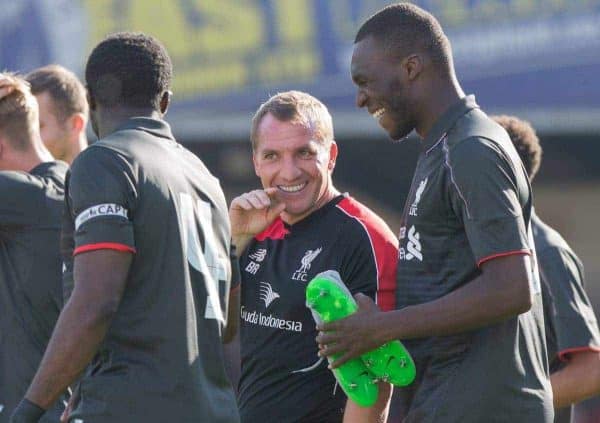 SWINDON, ENGLAND - Sunday, August 2, 2015: Liverpool manager Brendan Rodgers congratulates new signing Christian Benteke at the end of a friendly match against Swindon Town match at the County Ground. (Pic by Mark Hawkins/Propaganda)