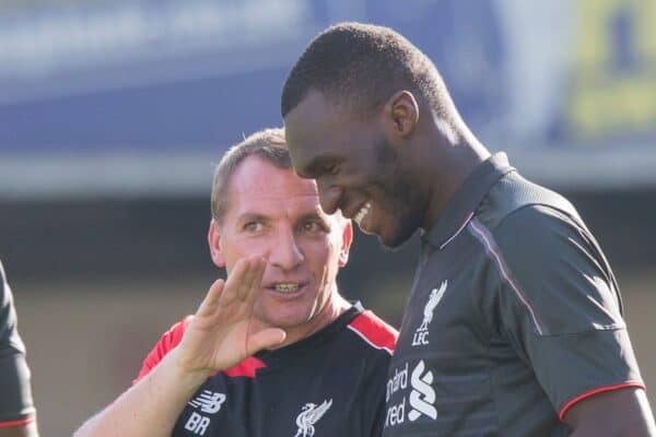 SWINDON, ENGLAND - Sunday, August 2, 2015: Liverpool manager Brendan Rogers congratulates new signing Christian Benteke at the end of a friendly match against Swindon Town match at the County Ground. (Pic by Mark Hawkins/Propaganda)